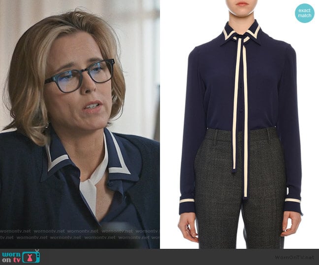Valentino Contrast-Striped Georgette Button-Front Blouse with Neck Tie worn by Elizabeth McCord (Téa Leoni) on Madam Secretary