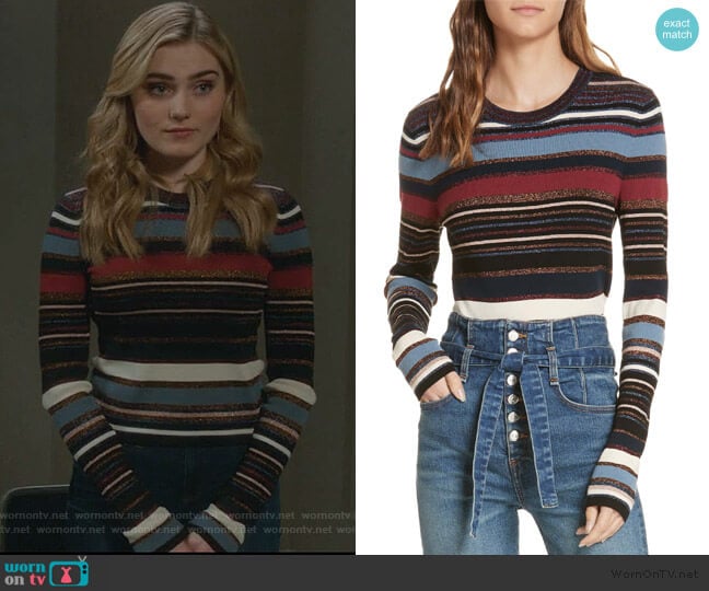 Veronica Beard Palmas Metallic Stripe Sweater worn by Taylor Otto (Meg Donnelly) on American Housewife