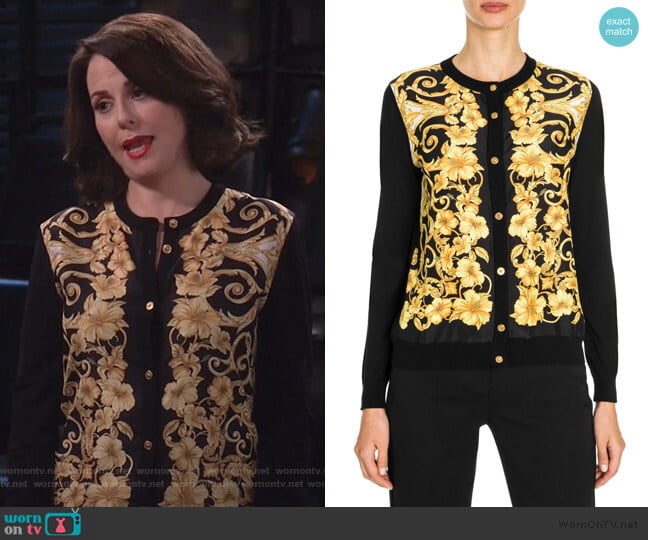Versace Hibiscus-Print Silk-Front Button-Down Cardigan worn by Karen Walker (Megan Mullally) on Will and Grace