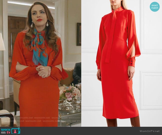 Victoria Beckham Cutout Cady Midi Dress worn by Fallon Carrington (Elizabeth Gillies) on Dynasty