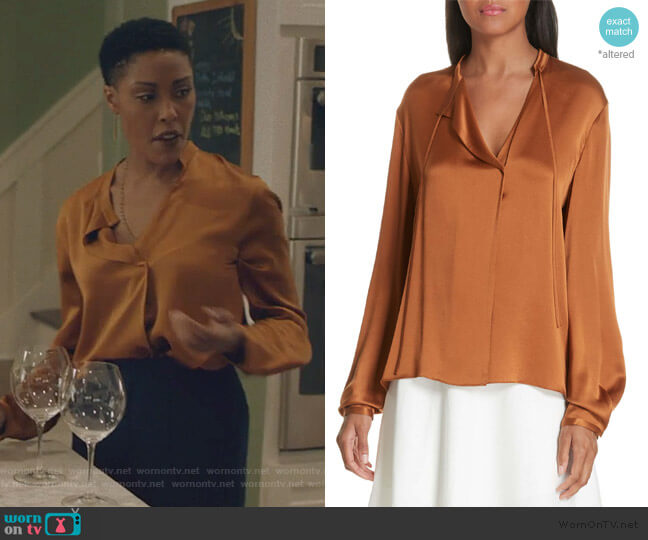 Vince Tie Neck Silk Popover Blouse worn by Lynn Stewart (Christine Adams) on Black Lightning