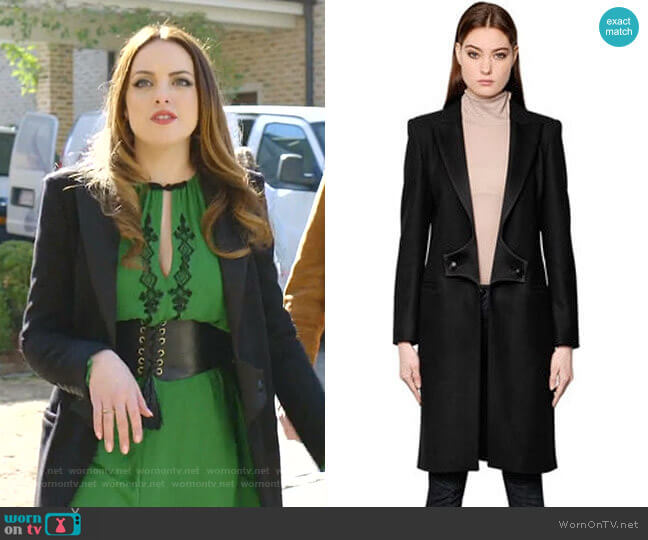 Pierre Balmain Wool Coat with Satin Lapels worn by Fallon Carrington (Elizabeth Gillies) on Dynasty