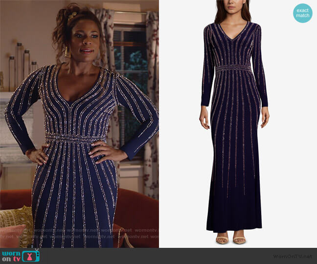 Xscape Vertical-Embellished Evening Gown worn by Poppy (Kimrie Lewis) on Single Parents