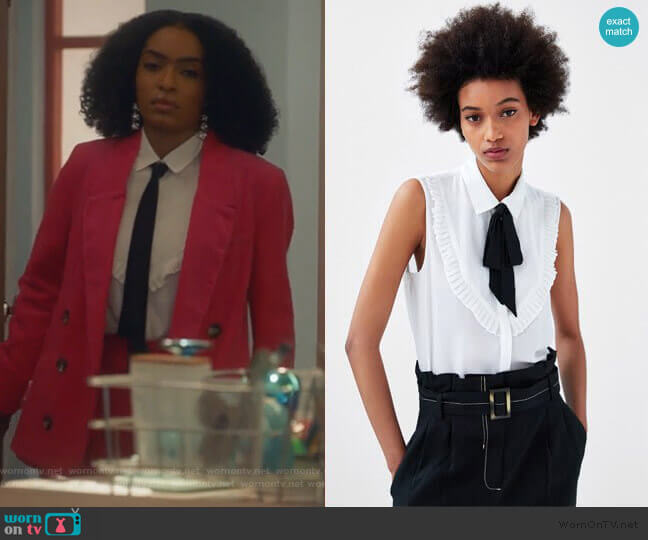 Zara Shirt with Contrasting Bow worn by Zoey Johnson (Yara Shahidi) on Grown-ish