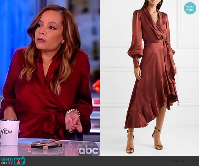 Zimmermann Ruffled silk-satin wrap dress worn by Sunny Hostin on The View