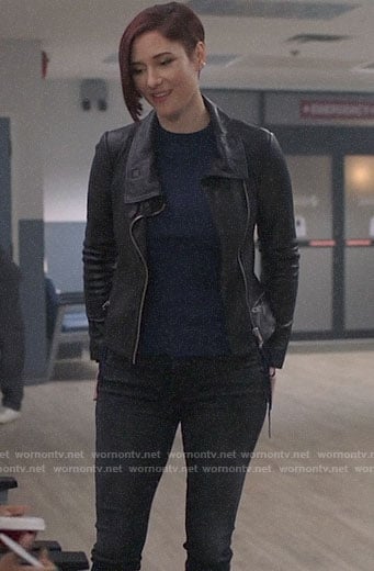 Alex’s blue side-tie sweater and leather jacket on Supergirl