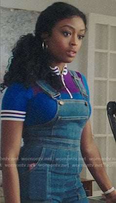 Ali’s blue and purple zip neck top on God Friended Me