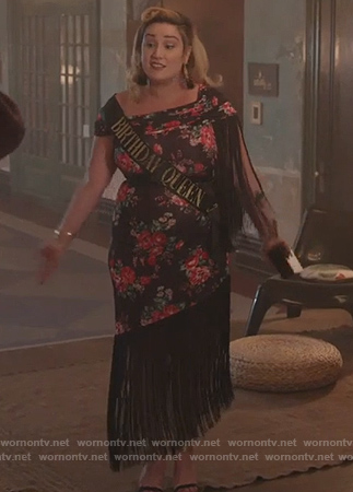 Davia’s black floral Birthday Dress on Good Trouble