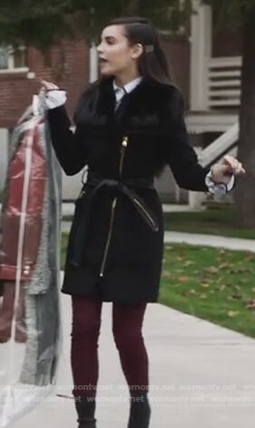 Ava’s black fur fur collar coat on PLL The Perfectionists