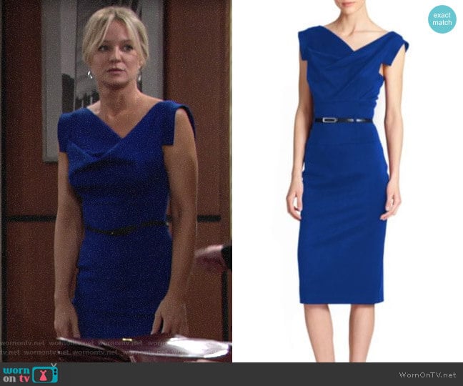 Black Halo Jackie O Dress in Cobalt worn by Sharon Newman (Sharon Case) on The Young and the Restless