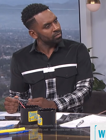 Justin’s black plaid colorblock shirt on E! News Daily Pop