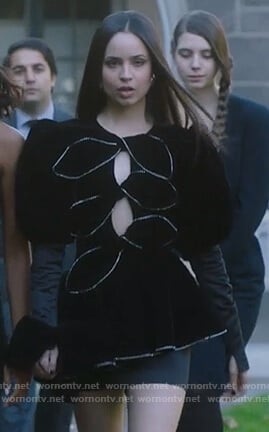 Ava’s black bow embellished dress on Pretty Little Liars The Perfectionists