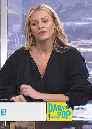 Morgan’s black ruched sleeve top on on E! News Daily Pop