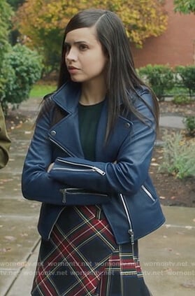 Ava’s plaid mini skirt and moto jacket on PLL The Perfectionists