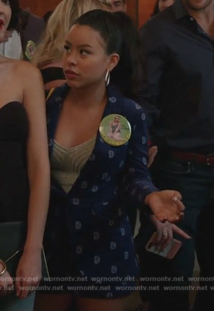 Mariana’s blue paisley print blazer and shorts on Good Trouble