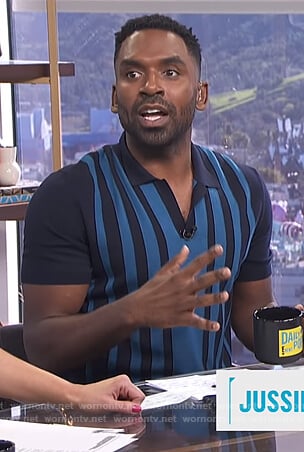 Justin’s blue striped polo on E! News Daily Pop