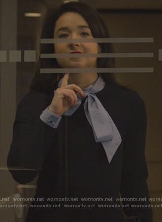 Marissa’s blue tie neck dress on The Good Fight