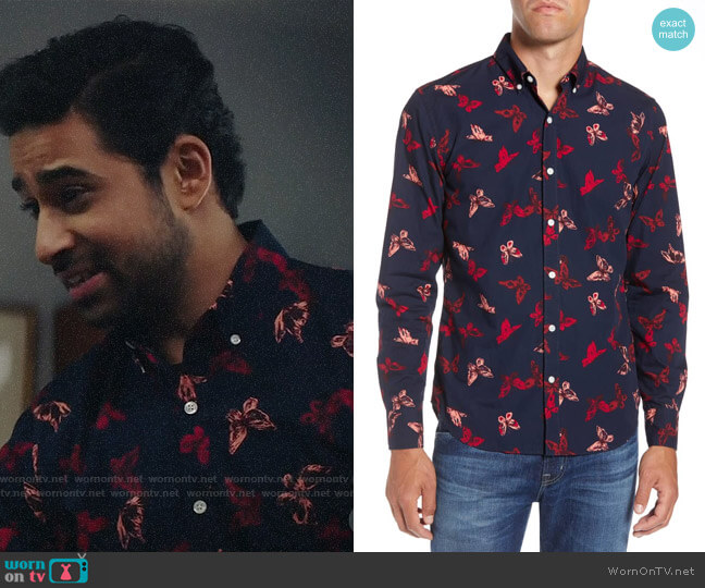 Bonobos Butterfly Print Sport Shirt worn by Rakesh (Suraj Sharma) on God Friended Me