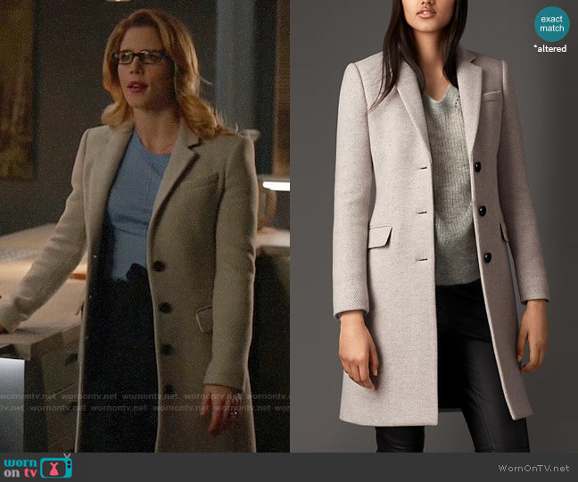 Burberry Virgin wool cashmere herringbone chesterfield coat worn by Felicity Smoak (Emily Bett Rickards) on Arrow