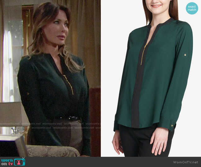 Calvin Klein Two-Tone Zip Blouse in Turq/Aqua worn by Taylor Hayes (Hunter Tylo) on The Bold and the Beautiful