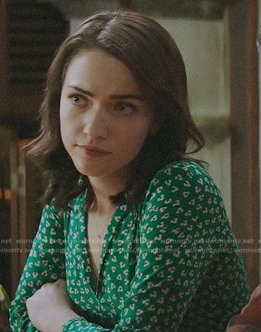 Cara’s green floral v-neck dress on God Friended Me