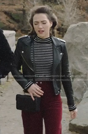 Cara’s black striped sweater, leather jacket and corduroy pants on God Friended Me