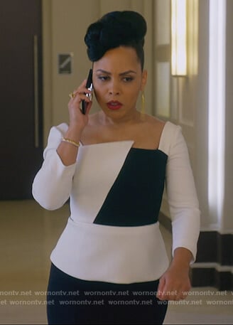 Tegan’s colorblock asymmetric neckline blouse on How to Get Away with Murder
