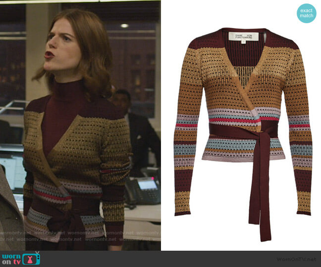 Diane von Furstenberg Wrap Pullover with Metallic Thread worn by Maia Rindell (Rose Leslie) on The Good Fight