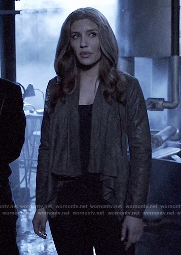 Dinah grey draped front leather jacket on Arrow