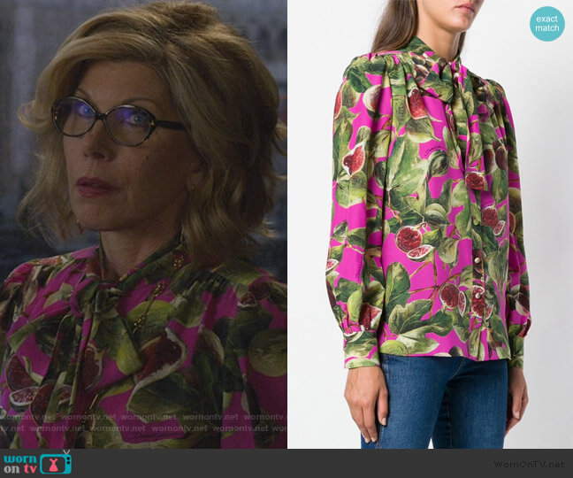 Dolce & Gabbana fig print pussy bow shirt worn by Diane Lockhart (Christine Baranski) on The Good Fight