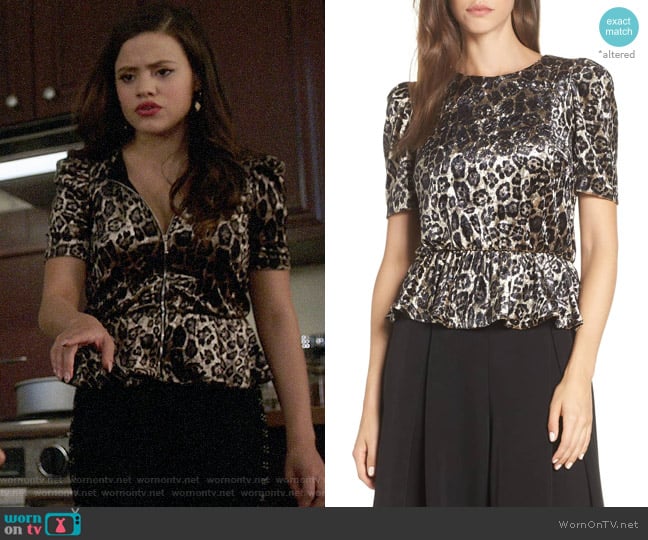 Eliza J Velvet Leopard Print Peplum Top worn by Maggie Vera (Sarah Jeffery) on Charmed
