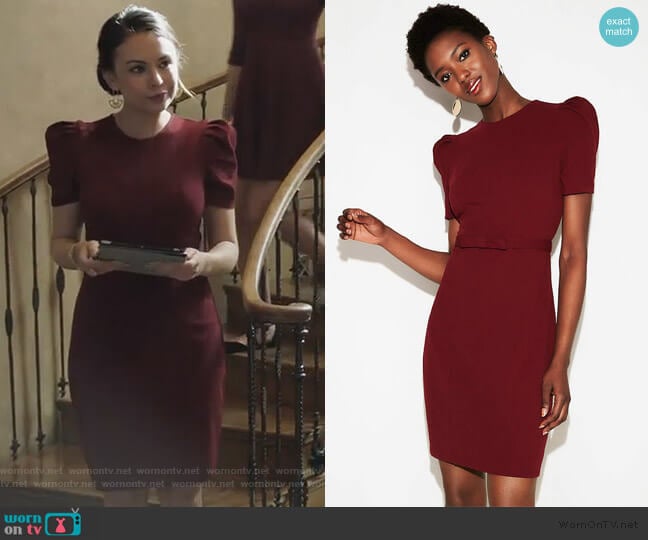 Express Puff Shoulder Sheath Dress worn by Mona Vanderwaal (Janel Parrish) on Pretty Little Liars The Perfectionists