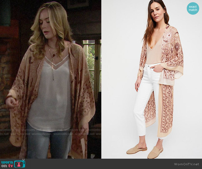 Free People Magic Dance Border Print Kimono in Nude Combo worn by Hope Logan (Annika Noelle) on The Bold and the Beautiful