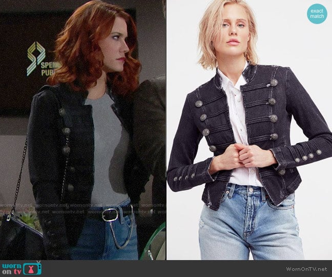 Free People Fitted Military Denim Jacket worn by Sally Spectra (Courtney Hope) on The Bold and the Beautiful