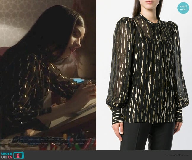 Givenchy fil coupé pussy bow blouse worn by Ava Jalali (Sofia Carson) on Pretty Little Liars The Perfectionists