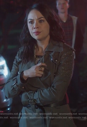 Mona’s green grommet embellished coat on PLL The Perfectionists