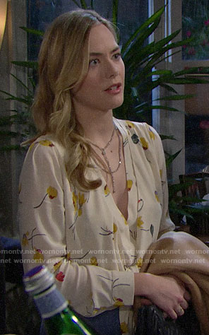 Hope’s beige floral blouse on The Bold and the Beautiful