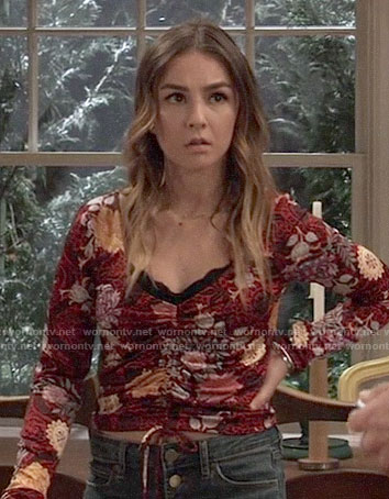 Kristina’s red floral ruched front top on General Hospital