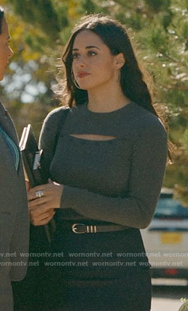 Liz’s grey buttoned cutout sweater on Roswell New Mexico