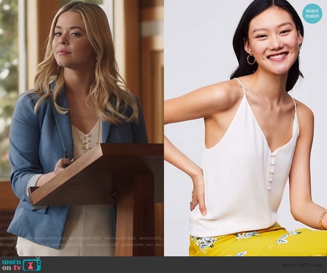 Loft Covered Button Strappy Cami worn by Alison DiLaurentis (Sasha Pieterse) on Pretty Little Liars The Perfectionists