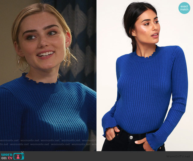 Lulus Hannie Cobalt Lettuce Edge Cropped Ribbed Sweater worn by Taylor Otto (Meg Donnelly) on American Housewife