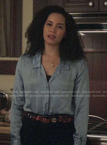 Macy’s blue buttoned blouse on Charmed