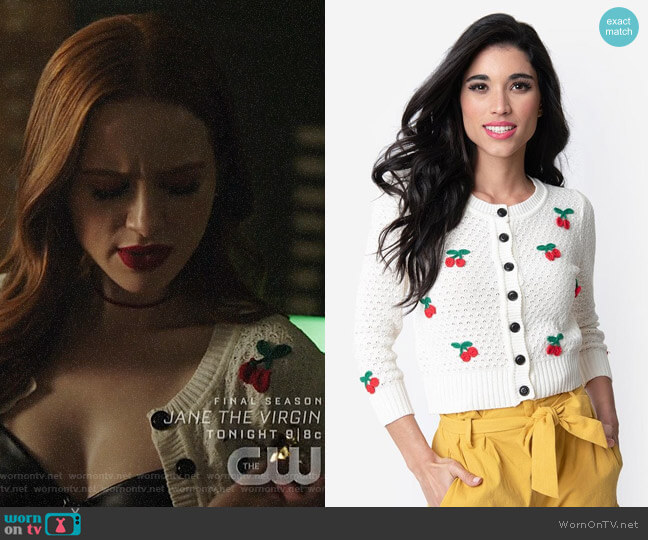 Mak Cherry Applique Cardigan worn by Cheryl Blossom (Madelaine Petsch) on Riverdale