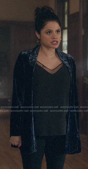 Mel’s black mesh inset top and blue velvet jacket on Charmed