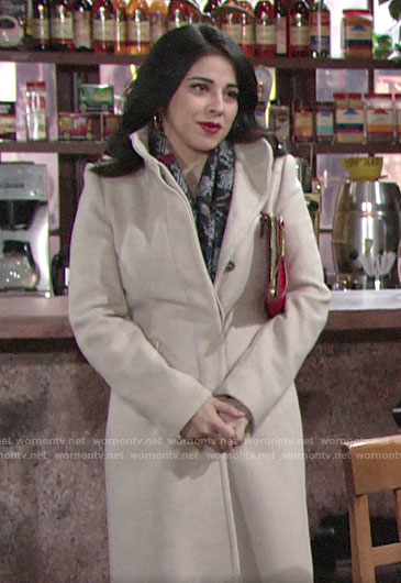 Mia’s oatmeal coat and houndstooth scarf on The Young and the Restless