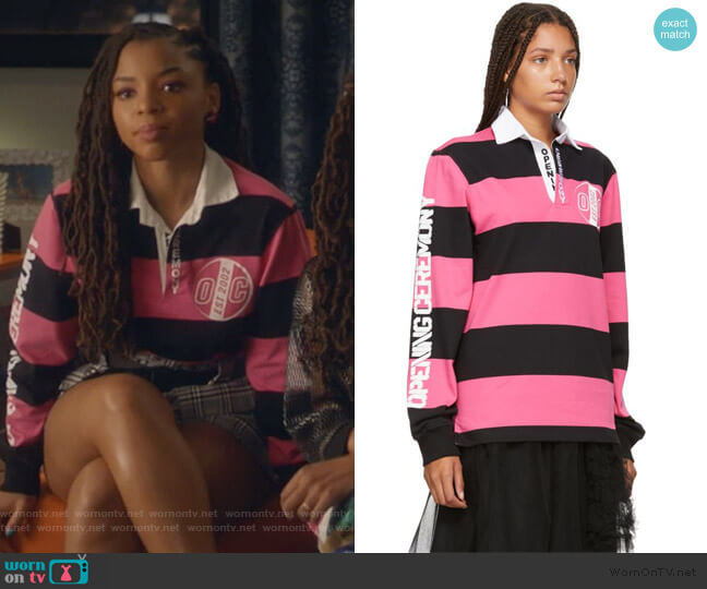 Opening Ceremony Pink & Black Striped Rugby Long Sleeve Polo worn by Jazlyn Forster (Chloe Bailey) on Grown-ish