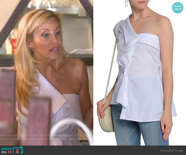 Petersyn One-Shoulder Asymmetric Cotton-Poplin Top worn by Camille Grammer on The Real Housewives of Beverly Hills
