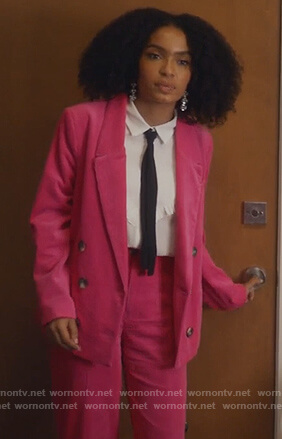 Zoey’s pink corduroy blazer and tie neck ruffle blouse on Grown-ish