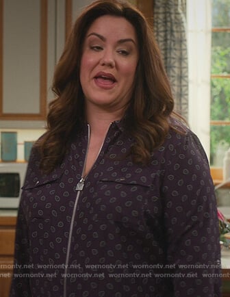 Katie’s printed lock zip blouse on American Housewife