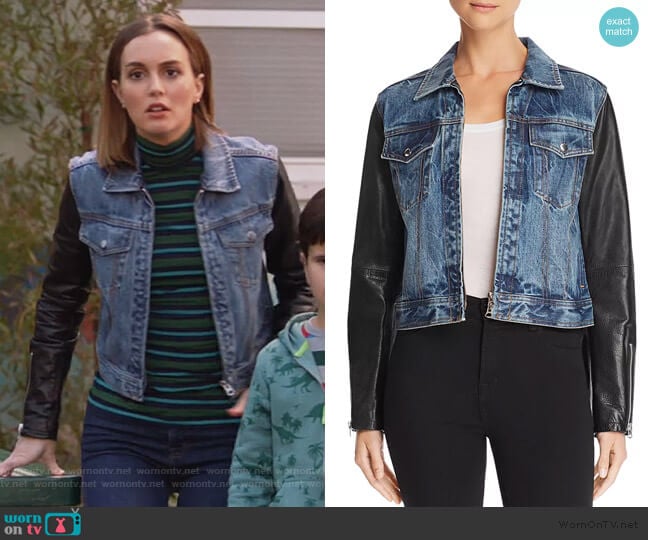 Rag & Bone Nico Denim & Leather Jacket worn by Angie (Leighton Meester) on Single Parents